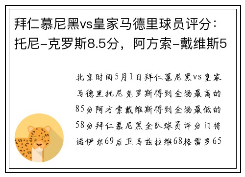 拜仁慕尼黑vs皇家马德里球员评分：托尼-克罗斯8.5分，阿方索-戴维斯5.8分